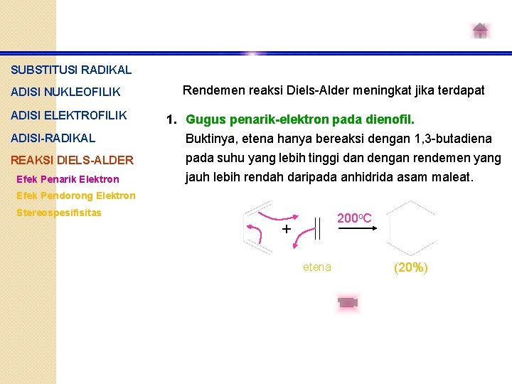 SUBSTITUSI RADIKAL ADISI NUKLEOFILIK Rendemen reaksi Diels-Alder meningkat jika terdapat ADISI ELEKTROFILIK 1. Gugus