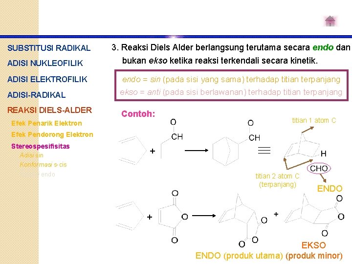 SUBSTITUSI RADIKAL ADISI NUKLEOFILIK ADISI ELEKTROFILIK ADISI-RADIKAL REAKSI DIELS-ALDER 3. Reaksi Diels Alder berlangsung