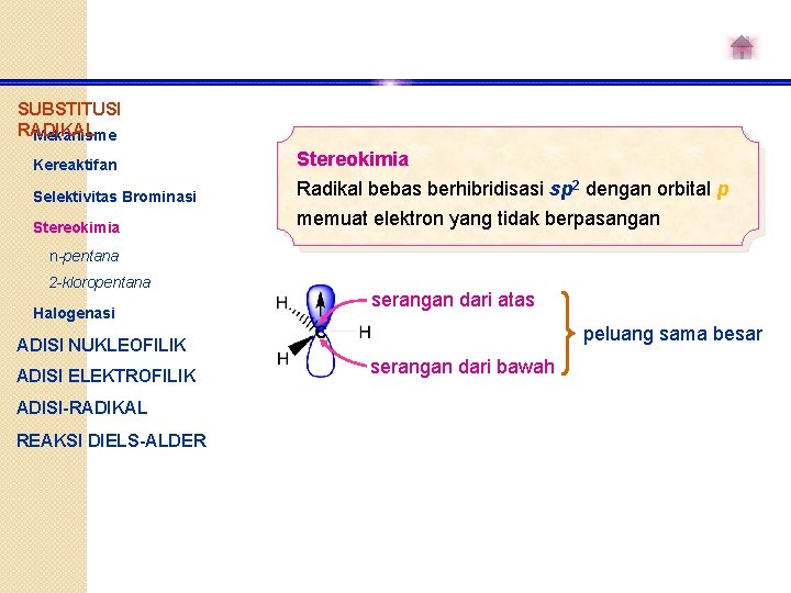 SUBSTITUSI RADIKAL Mekanisme Kereaktifan Stereokimia Selektivitas Brominasi Radikal bebas berhibridisasi sp 2 dengan orbital