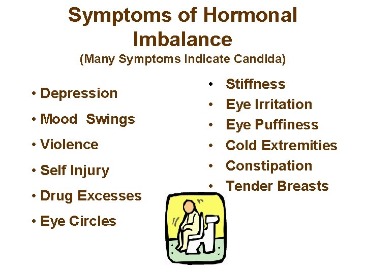 Symptoms of Hormonal Imbalance (Many Symptoms Indicate Candida) • Depression • Mood Swings •