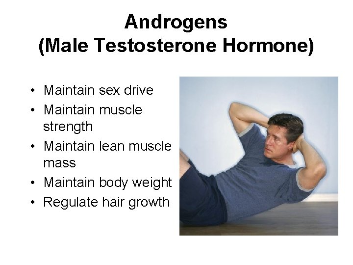 Androgens (Male Testosterone Hormone) • Maintain sex drive • Maintain muscle strength • Maintain