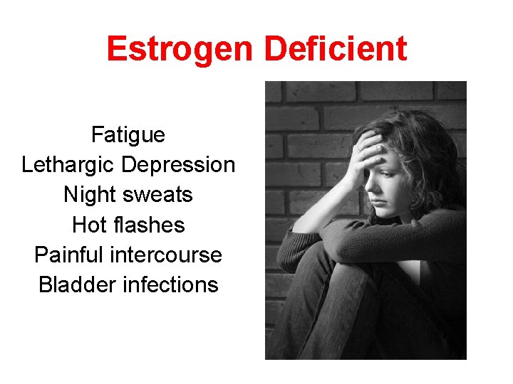 Estrogen Deficient Fatigue Lethargic Depression Night sweats Hot flashes Painful intercourse Bladder infections 