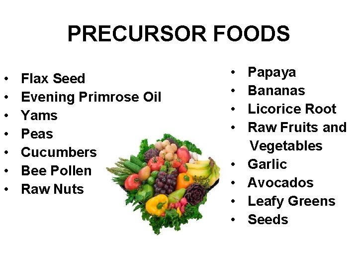 PRECURSOR FOODS • • Flax Seed Evening Primrose Oil Yams Peas Cucumbers Bee Pollen