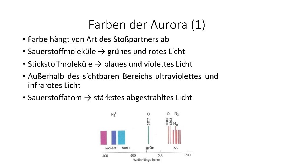 Farben der Aurora (1) • Farbe hängt von Art des Stoßpartners ab • Sauerstoffmoleküle