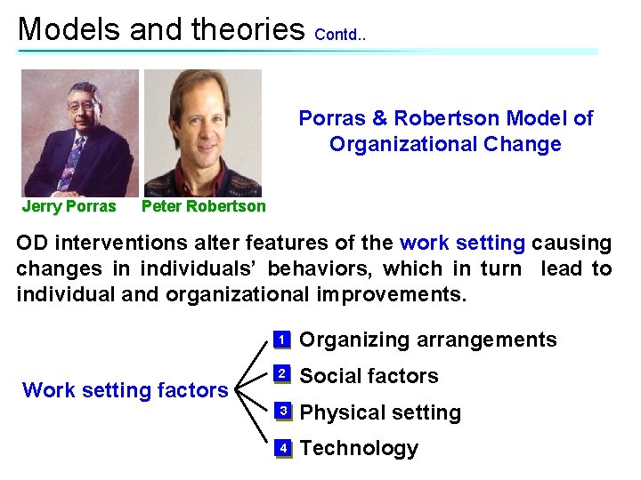 Models and theories Contd. . Porras & Robertson Model of Organizational Change Jerry Porras