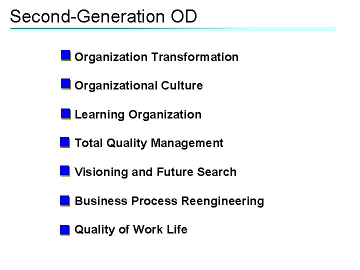 Second-Generation OD Organization Transformation Organizational Culture Learning Organization Total Quality Management Visioning and Future