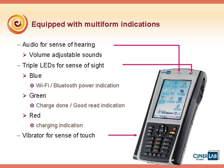 Equipped with multiform indications - Audio for sense of hearing Ø Volume adjustable sounds