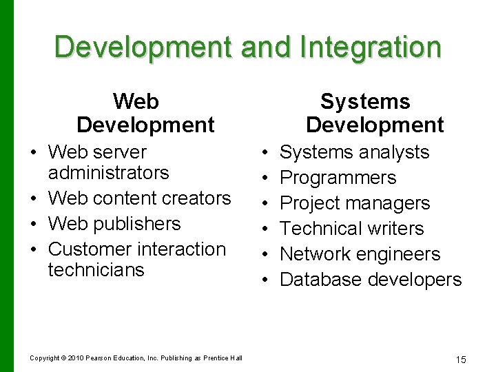 Development and Integration Web Development • Web server administrators • Web content creators •