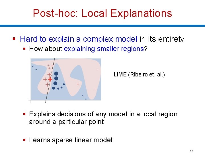 Post-hoc: Local Explanations § Hard to explain a complex model in its entirety §