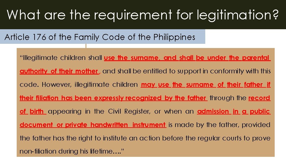 What are the requirement for legitimation? Article 176 of the Family Code of the