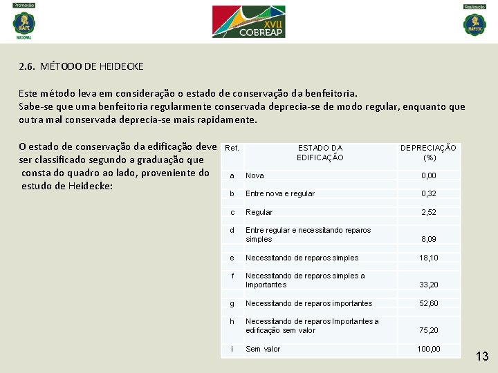 2. 6. MÉTODO DE HEIDECKE Este método leva em consideração o estado de conservação
