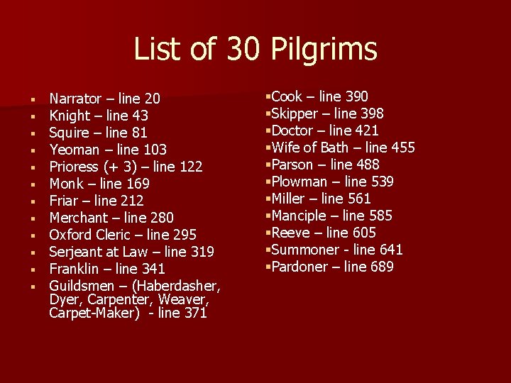 List of 30 Pilgrims § § § Narrator – line 20 Knight – line List of 30 Pilgrims § § § Narrator – line 20 Knight – line