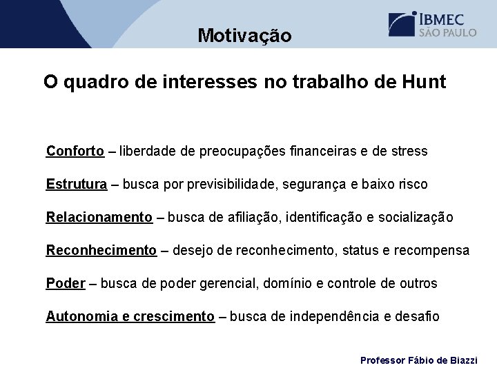 Motivação O quadro de interesses no trabalho de Hunt Conforto – liberdade de preocupações