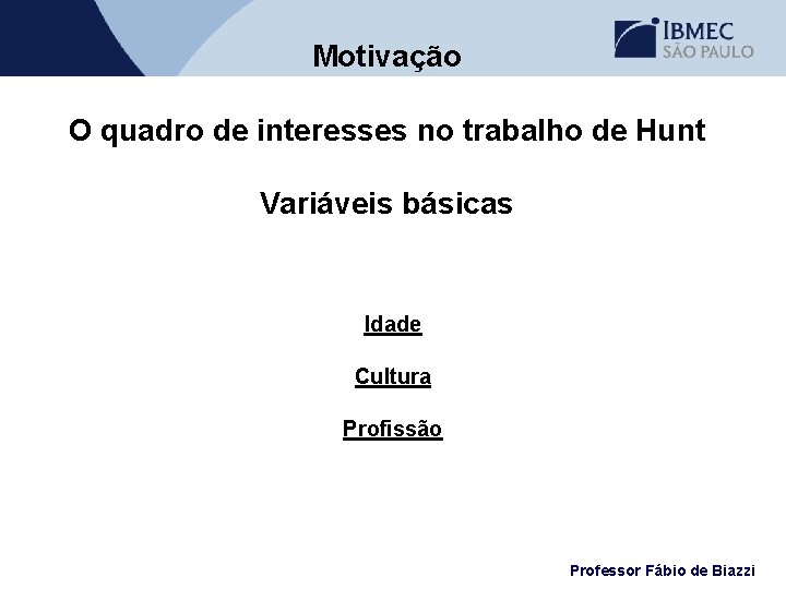 Motivação O quadro de interesses no trabalho de Hunt Variáveis básicas Idade Cultura Profissão