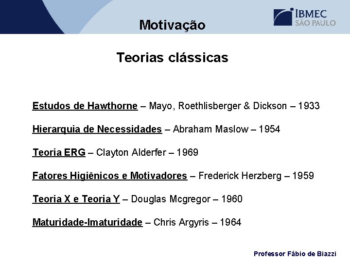 Motivação Teorias clássicas Estudos de Hawthorne – Mayo, Roethlisberger & Dickson – 1933 Hierarquia