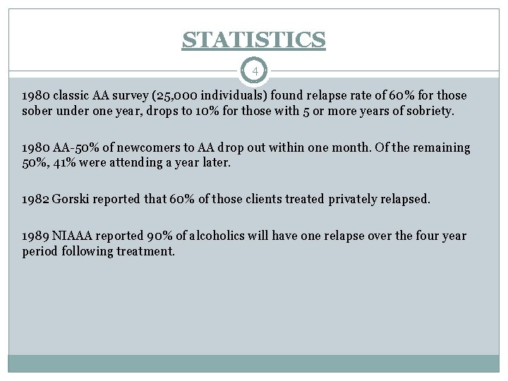 STATISTICS 4 1980 classic AA survey (25, 000 individuals) found relapse rate of 60%