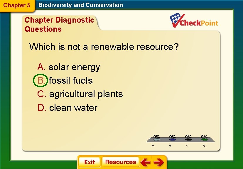 Chapter 5 Biodiversity and Conservation Chapter Diagnostic Questions Which is not a renewable resource? Chapter 5 Biodiversity and Conservation Chapter Diagnostic Questions Which is not a renewable resource?