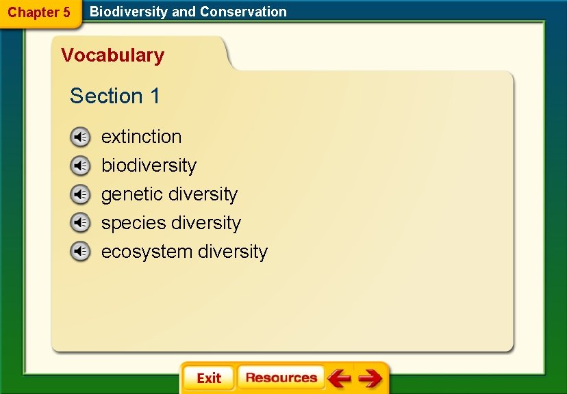 Chapter 5 Biodiversity and Conservation Vocabulary Section 1 extinction biodiversity genetic diversity species diversity Chapter 5 Biodiversity and Conservation Vocabulary Section 1 extinction biodiversity genetic diversity species diversity