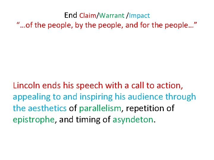 End Claim/Warrant /Impact “…of the people, by the people, and for the people…” Lincoln