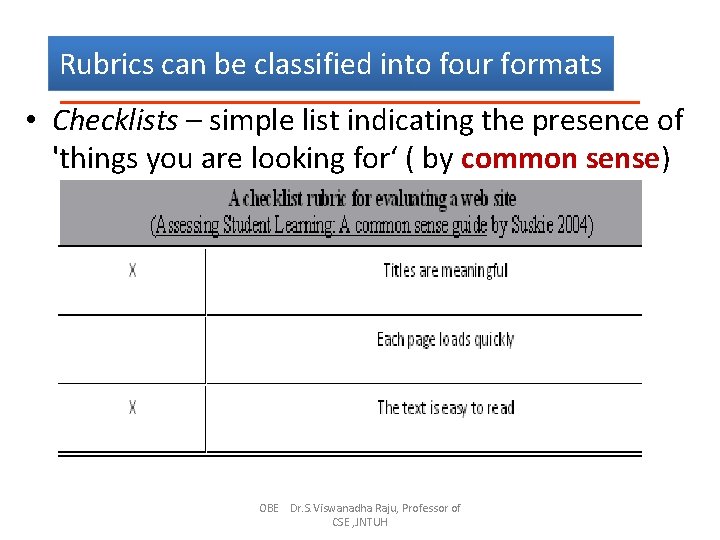 Rubrics can be classified into four formats • Checklists – simple list indicating the