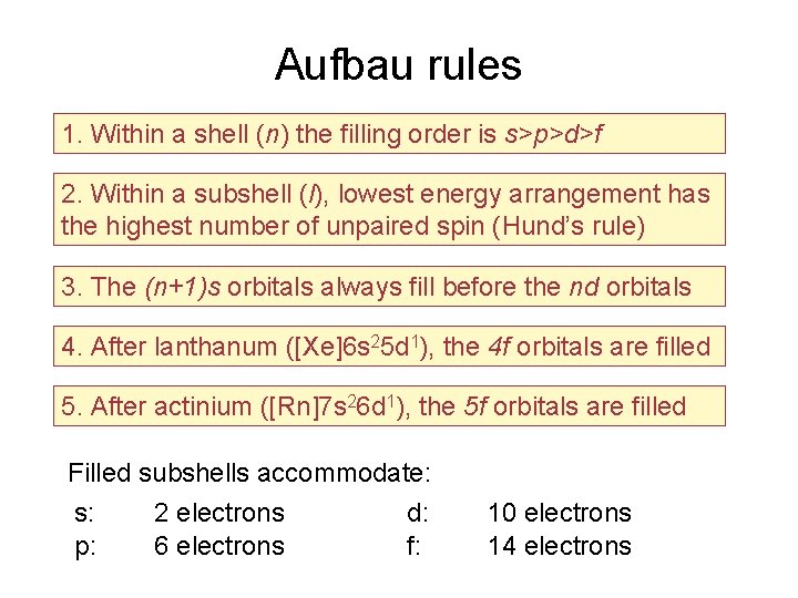 Aufbau rules 1. Within a shell (n) the filling order is s>p>d>f 2. Within