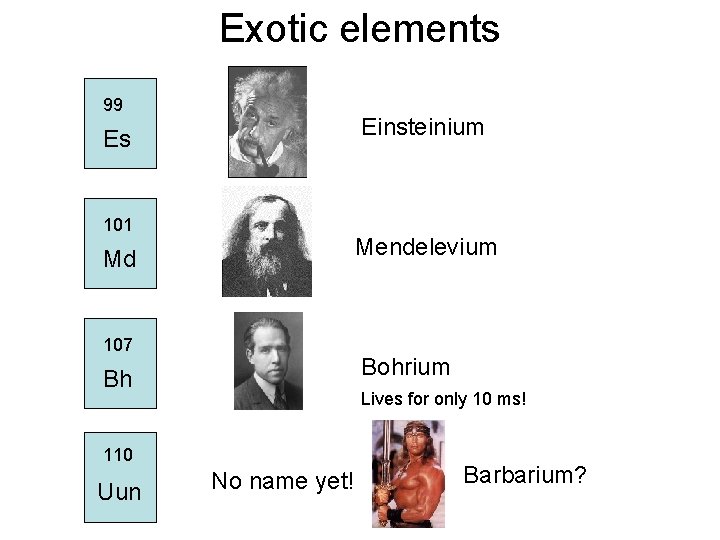 Exotic elements 99 Einsteinium Es 101 Mendelevium Md 107 Bohrium Bh Lives for only