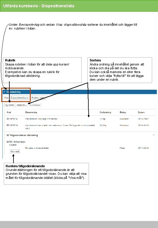 Utfärda kursbevis - Dispositionslista Under Bevisunderlag och sedan Visa: dispositionslista sorterar du innehållet och