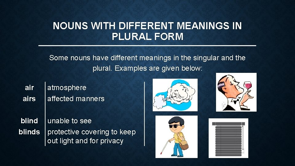 NOUNS WITH DIFFERENT MEANINGS IN PLURAL FORM Some nouns have different meanings in the