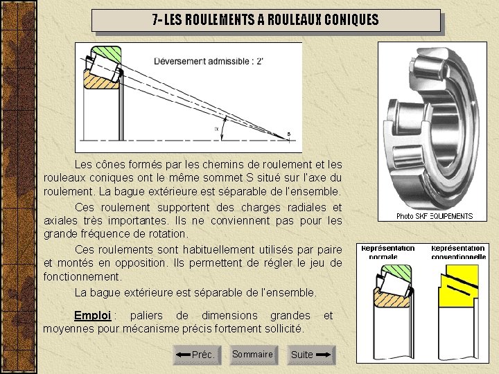 7 - LES ROULEMENTS A ROULEAUX CONIQUES Les cônes formés par les chemins de