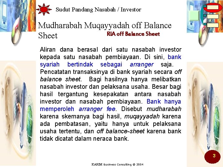Sudut Pandang Nasabah / Investor Mudharabah Muqayyadah off Balance RIA off Balance Sheet Aliran