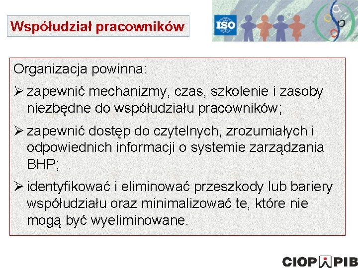 Współudział pracowników Organizacja powinna: Ø zapewnić mechanizmy, czas, szkolenie i zasoby niezbędne do współudziału