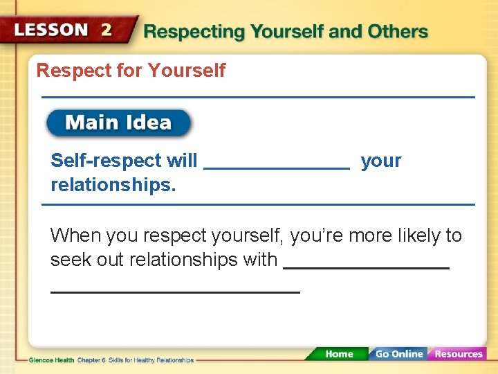 Respect for Yourself Self-respect will relationships. your When you respect yourself, you’re more likely