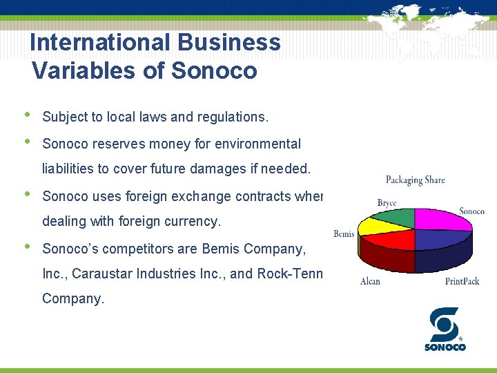 International Business Variables of Sonoco • • Subject to local laws and regulations. Sonoco