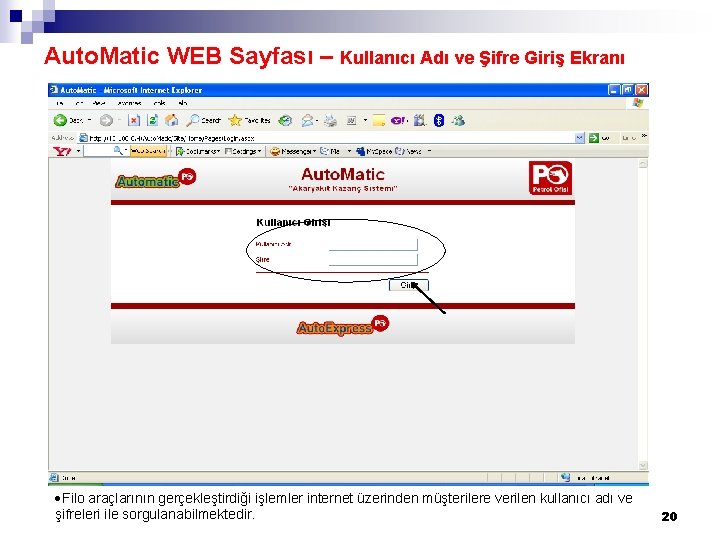 Auto. Matic WEB Sayfası – Kullanıcı Adı ve Şifre Giriş Ekranı Filo araçlarının gerçekleştirdiği