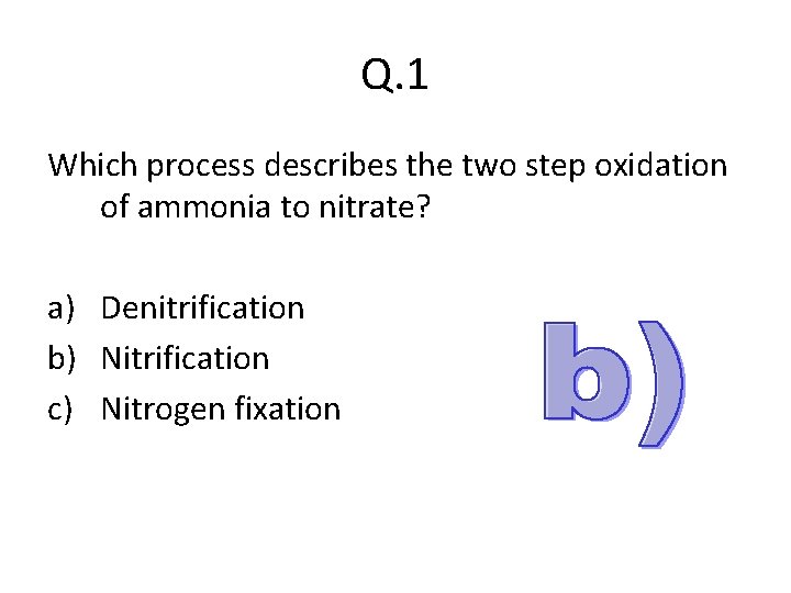 Q. 1 Which process describes the two step oxidation of ammonia to nitrate? a)
