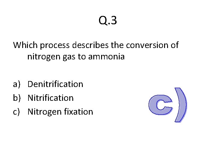 Q. 3 Which process describes the conversion of nitrogen gas to ammonia a) Denitrification