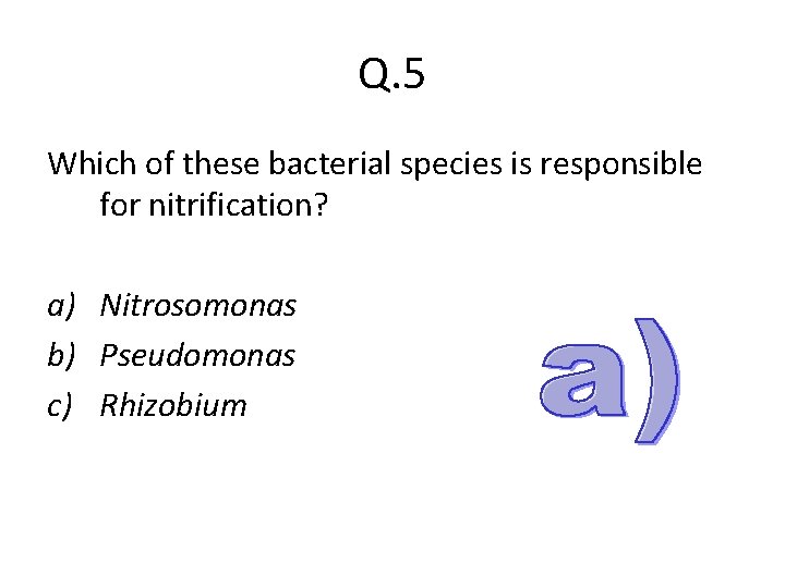 Q. 5 Which of these bacterial species is responsible for nitrification? a) Nitrosomonas b)