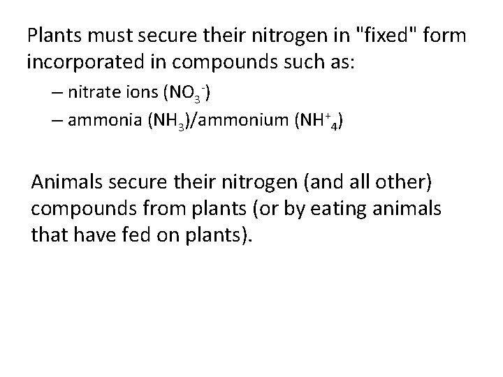 Plants must secure their nitrogen in "fixed" form incorporated in compounds such as: –