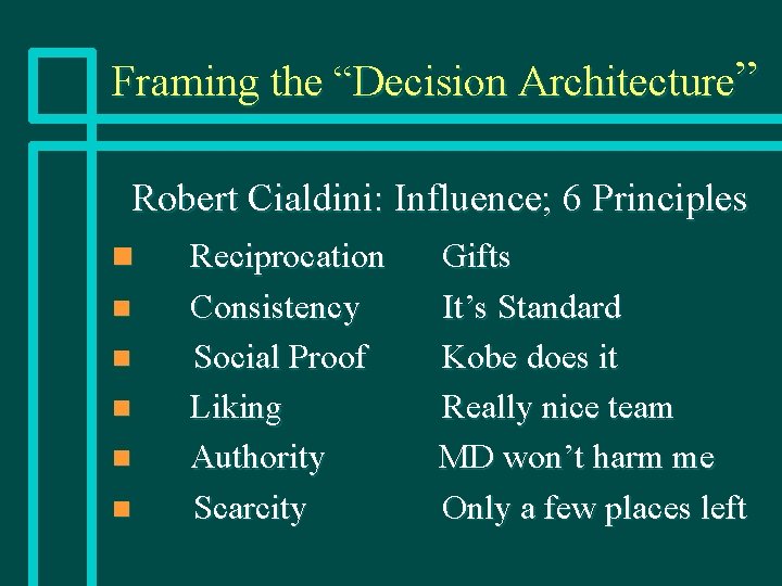 Framing the “Decision Architecture” Robert Cialdini: Influence; 6 Principles n n n Reciprocation Consistency