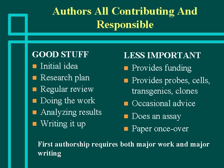 Authors All Contributing And Responsible GOOD STUFF n Initial idea n Research plan n