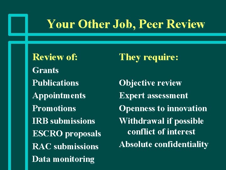 Your Other Job, Peer Review of: They require: Grants Publications Appointments Promotions IRB submissions