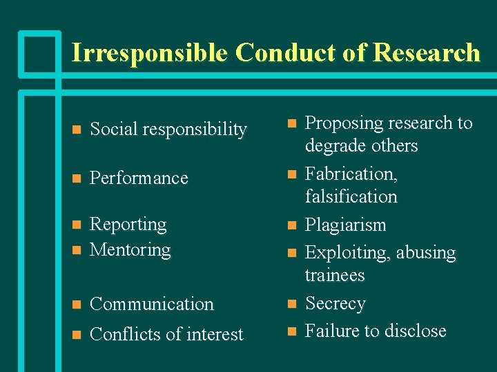 Irresponsible Conduct of Research n Social responsibility n n Performance n n Reporting Mentoring