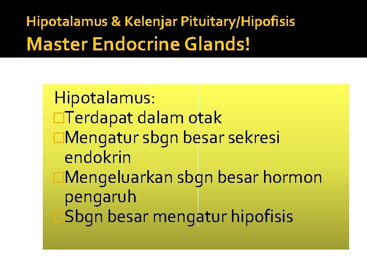  Hipotalamus & Kelenjar Pituitary/Hipofisis Master Endocrine Glands! Hipotalamus: �Terdapat dalam otak �Mengatur sbgn