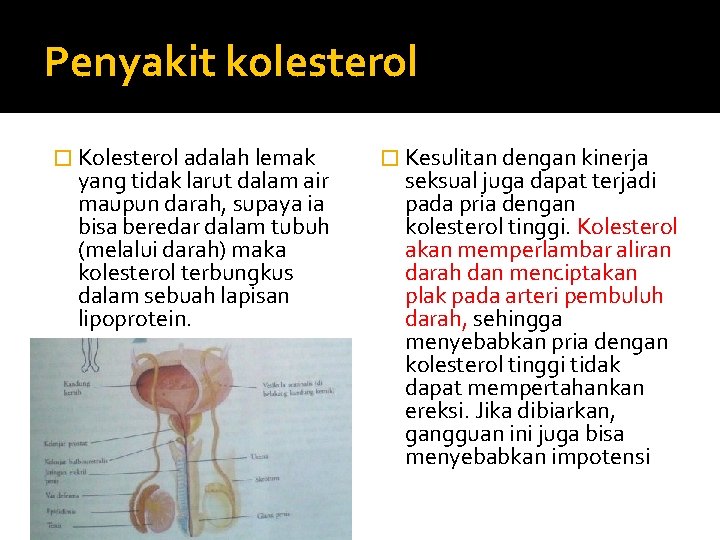 Penyakit kolesterol � Kolesterol adalah lemak yang tidak larut dalam air maupun darah, supaya