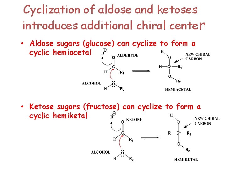 Cyclization of aldose and ketoses introduces additional chiral center • Aldose sugars (glucose) can
