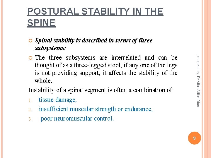 POSTURAL STABILITY IN THE SPINE Spinal stability is described in terms of three subsystems: