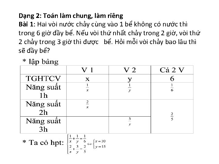 Dạng 2: Toán làm chung, làm riêng Bài 1: Hai vòi nước chảy cùng
