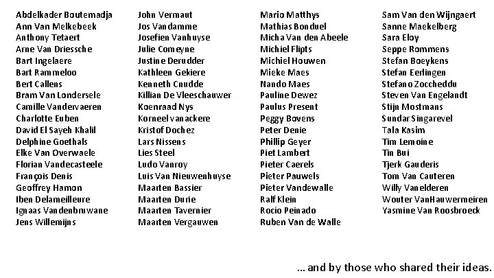 Abdelkader Boutemadja Ann Van Melkebeek Anthony Tetaert Arne Van Driessche Bart Ingelaere Bart Rammeloo