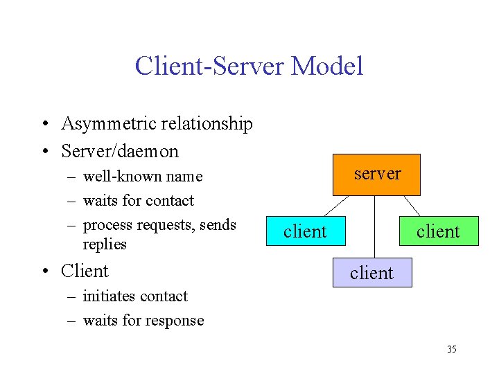 Client-Server Model • Asymmetric relationship • Server/daemon – well-known name – waits for contact