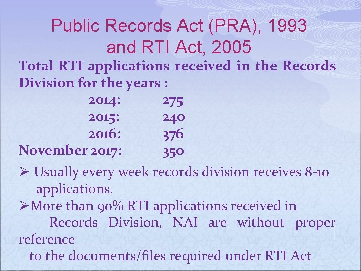 Public Records Act (PRA), 1993 and RTI Act, 2005 Total RTI applications received in